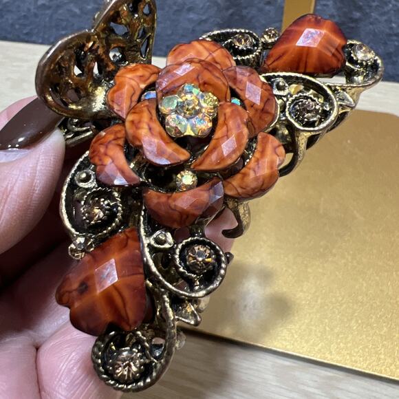 VTG Hair Claw Clip Multicolor Rhinestone Antique Gold Tone Metal Boho Lot of 3 - Picture 8 of 11